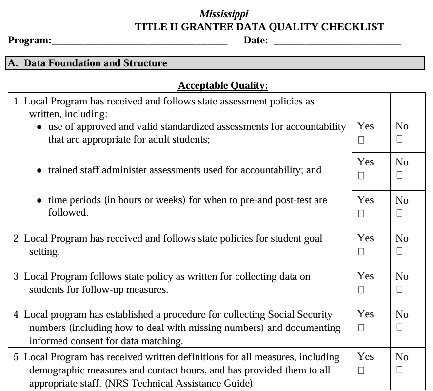 Form titled ‘Mississippi Title II Grantee Data Quality Checklist.’ The form includes fields for Program and Date, followed by Section A: Data Foundation and Structure. Under ‘Acceptable Quality,’ a checklist lists five criteria related to state assessment policies, student goal setting, follow-up data collection, procedures for collecting Social Security numbers with consent, and written definitions for required measures. Each item includes Yes and No checkbox options