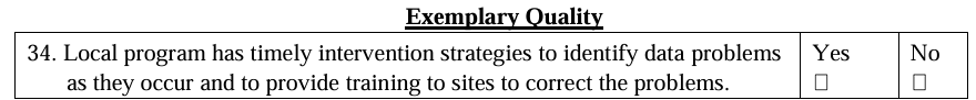Section labeled ‘Exemplary Quality.’ The checklist includes item 34, which states that the local program has timely intervention strategies to identify data problems as they occur and to provide training to sites to correct those problems. The item includes Yes and No checkbox options