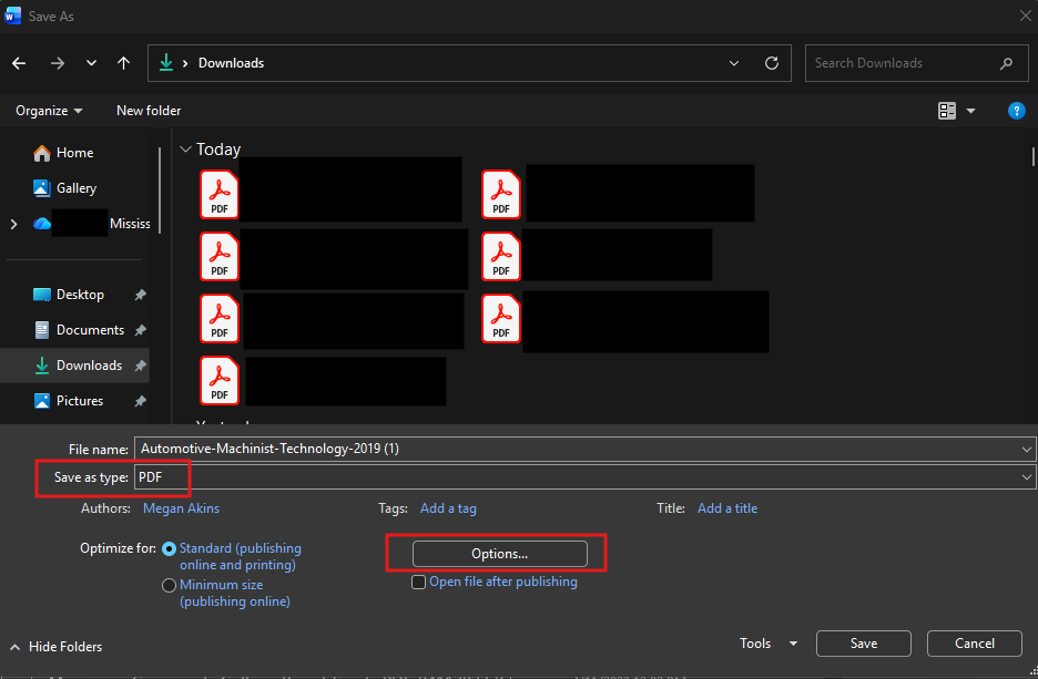 Screenshot of the Microsoft Word “Save As” dialog box in the Downloads folder. The “Save as type” field is highlighted with a red box and set to PDF, showing the option used to save the document as a PDF file.