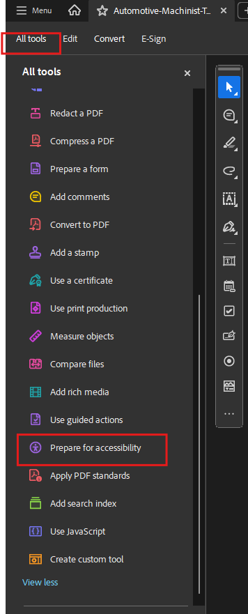 Alt text: Screenshot of Adobe Acrobat’s “All tools” panel with the “Prepare for accessibility” option highlighted in red. The image also highlights the “All tools” button at the top left of the interface.