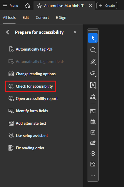 Alt text: Adobe Acrobat interface showing the “Prepare for accessibility” tools menu with the “Check for accessibility” option outlined in red. The left navigation panel includes options such as Automatically tag PDF, Change reading options, Open accessibility report, Add alternate text, and Fix reading order.