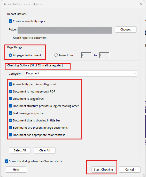 Alt text: Screenshot of the Adobe Acrobat “Accessibility Checker Options” window. The image highlights the “All pages in document” option, the “Checking Options” section with accessibility checks selected, and the “Start Checking” button at the bottom right.
