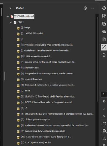 Alt text: Adobe Acrobat accessibility panel displaying the tag structure and reading order for a PDF document titled “WCAG2Checklist.pdf.” The left panel shows nested document tags and headings used to organize accessible content within the PDF.