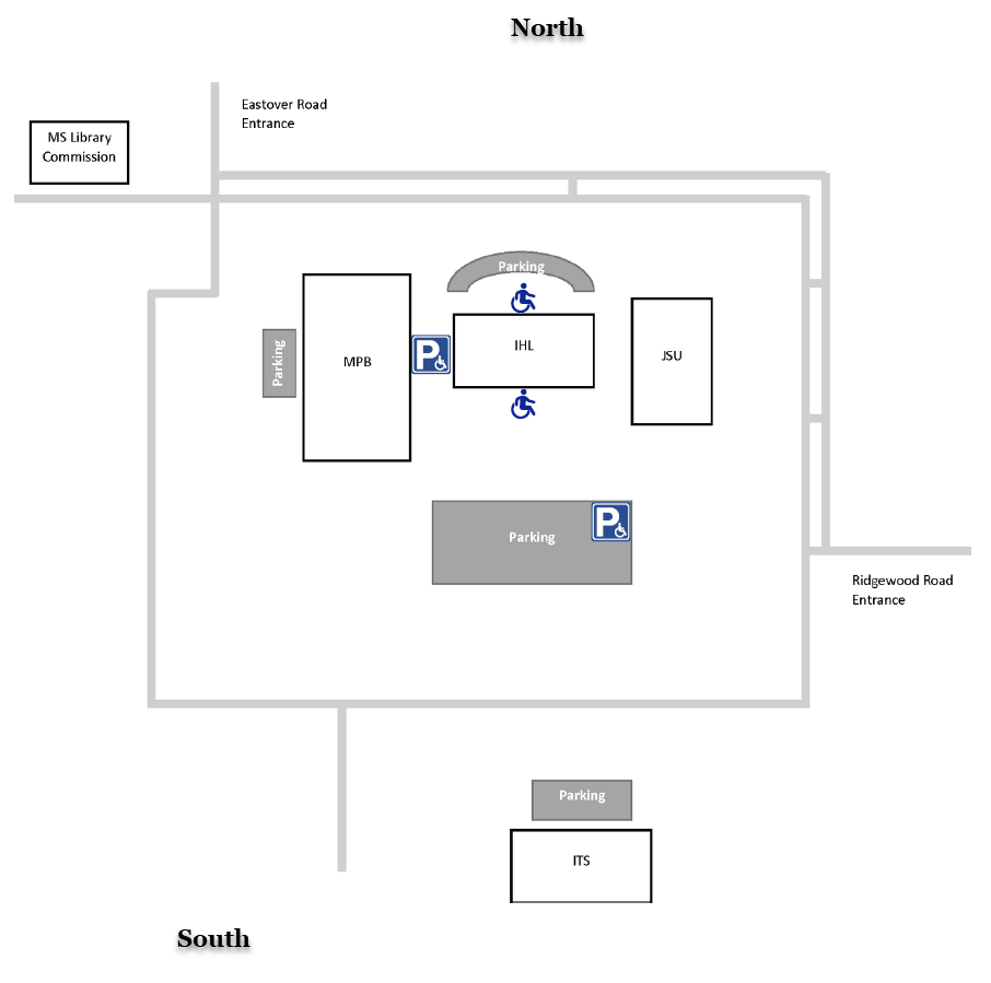 Campus map oriented north to south showing IHL centered between MPB and JSU, with accessible parking near the IHL building. Additional parking areas are located near ITS, MPB, and at the Ridgewood Road and Eastover Road entrances.