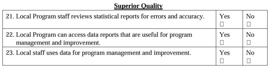 Section titled ‘Superior Quality.’ The checklist includes items 21 through 23. These items state that local program staff review statistical reports for errors and accuracy, can access data reports useful for program management and improvement, and use data to support program management and improvement. Each item includes Yes and No checkbox options