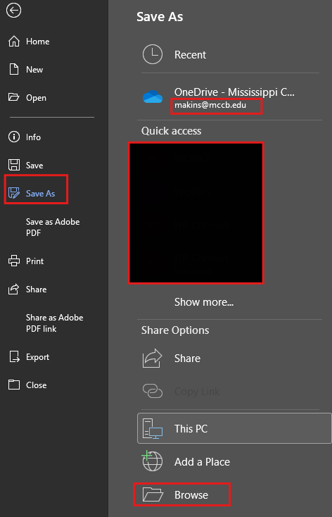 Screenshot of the Microsoft Word “Save As” menu. Red boxes highlight the “Save As” option in the left navigation pane, the user account area, and the “Browse” button used to choose a file location before saving a document.